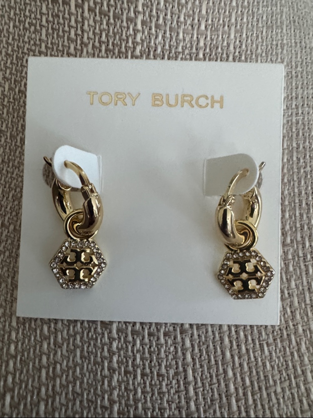 Tory Burch Gold Logo Hexagon Drop Earrings with Crystal Border
